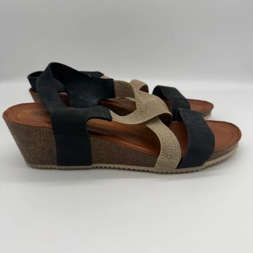 Bio Bio Womens Black Tan Elastic Leather Wedge Sandals‎ Made in Spain Size 8